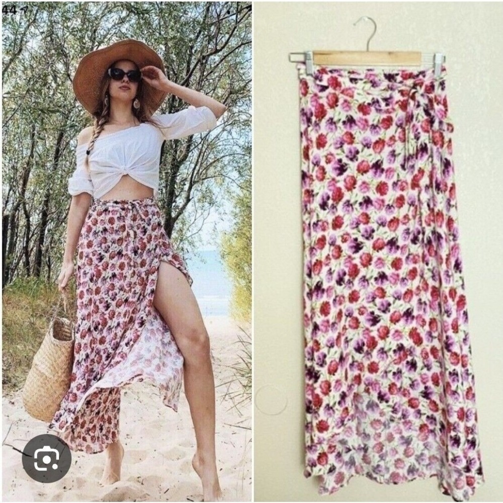 Zara Pink Floral Wrap Midi Skirt Rose Print Tie Waist Size XS Flowy Resortwear - Picture 3 of 11